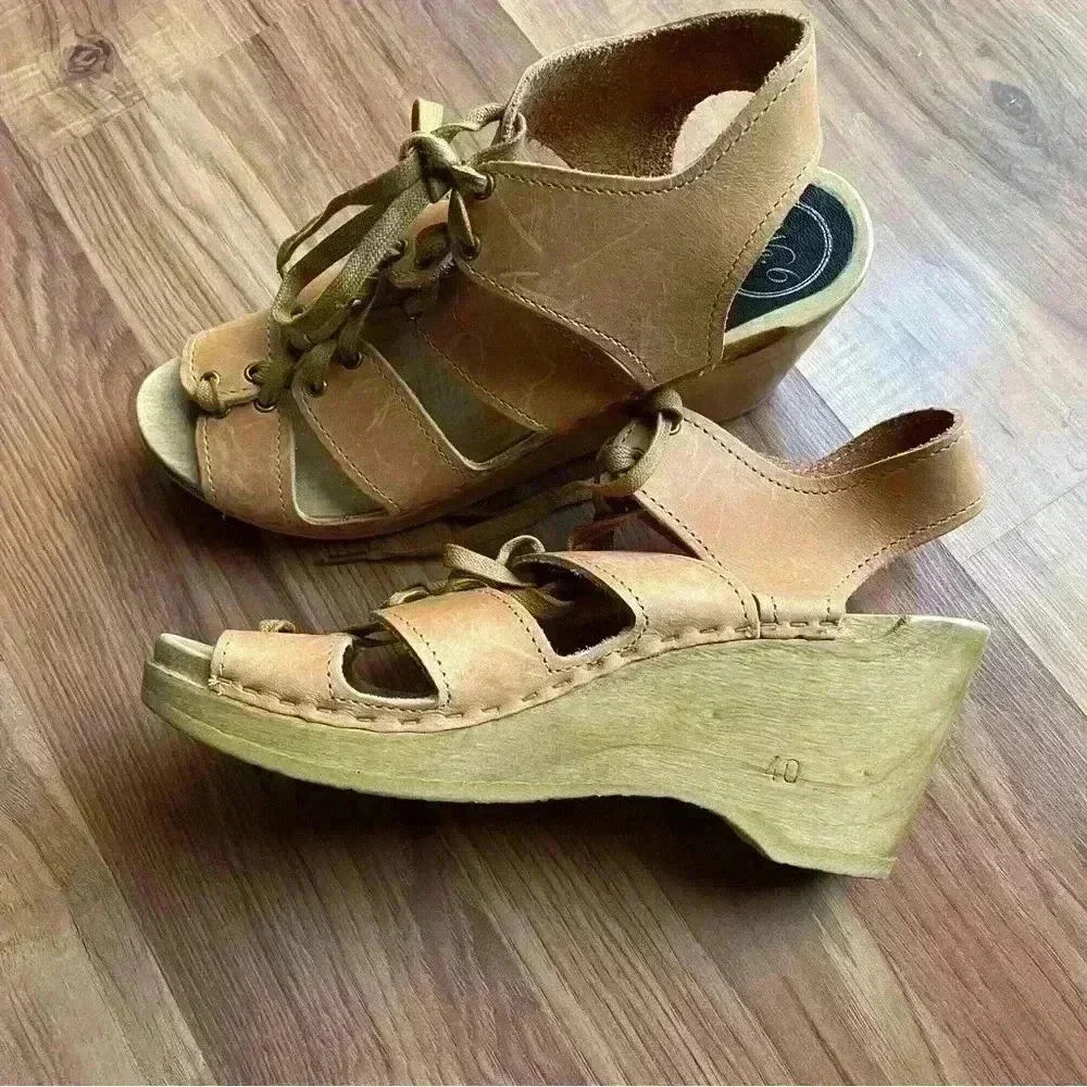 No.6 Store Womens Size 40 Lace Up Clog Wedge Leather Sandal Boho